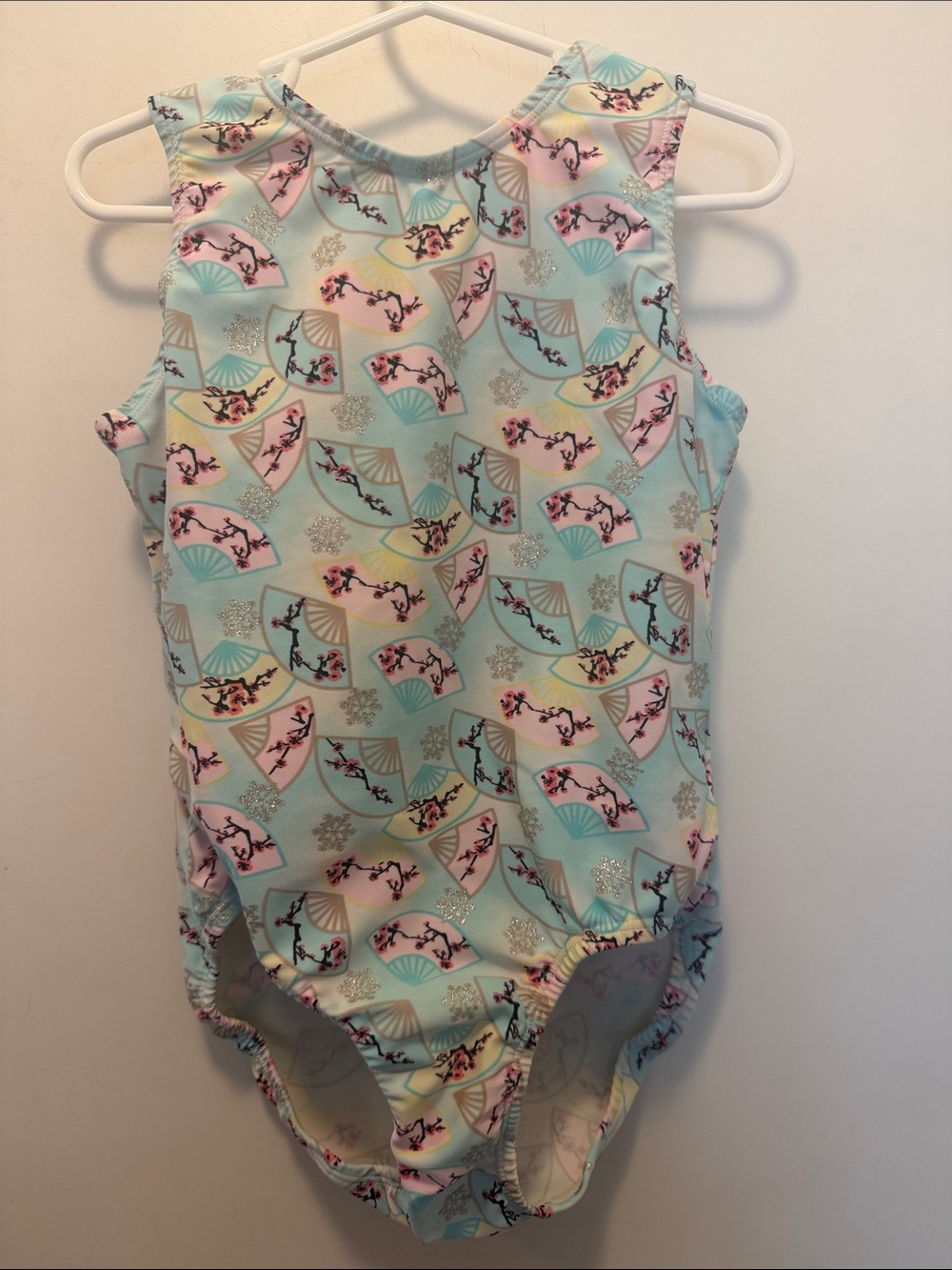 Pretty gymnastics leotard with sparkly graphics, fans and cherry blossoms 🌸